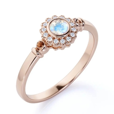 925 Sterling Silver Rose de gouden Halo Ring Rainbow Moonstone Ring van de 1 Karaatbloem