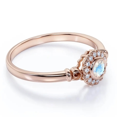 925 Sterling Silver Rose de gouden Halo Ring Rainbow Moonstone Ring van de 1 Karaatbloem