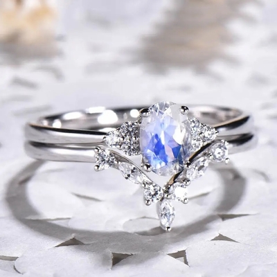 925 Sterling Silver Natural Stone Jewelry Huwelijk Ring Set van Regenboog het Blauwe Moonstone