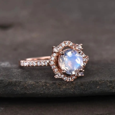 925 Sterling Silver Natural Gemstone Jewelry de rond Gefacetteerde Verlovingsring van Regenboogmoonstone
