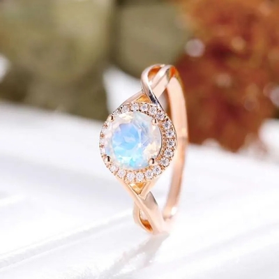 925 Sterling Silver Natural Gemstone Jewelry de rond Gefacetteerde Verlovingsring van Regenboogmoonstone