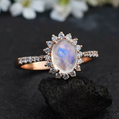 Rose Gold Hexagon Shaped Wedding-de Verlovingsring van Juwelenmoonstone