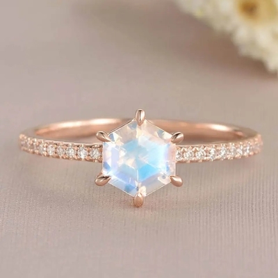 Rose Gold Hexagon Shaped Wedding-de Verlovingsring van Juwelenmoonstone