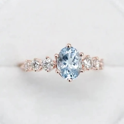 Gevoelige Fantastische Ovale Blauwe het Aquamarijnovereenkomst Ring Cluster Dainty Rings van S925 Sterling Silver Rose Gold Round CZ