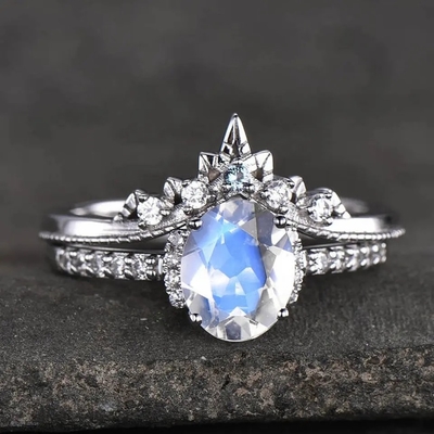 Het witgoud Ovaal Moonstone Art Deco Unique Engagement Ring plaatste 925 Sterling Silver