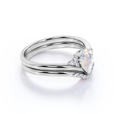 S925 de Gouden Natuurlijke Regenboog Moonstone Ring Boho Wedding Set van CZ van de Perenvorm