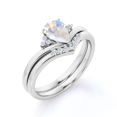 S925 de Gouden Natuurlijke Regenboog Moonstone Ring Boho Wedding Set van CZ van de Perenvorm