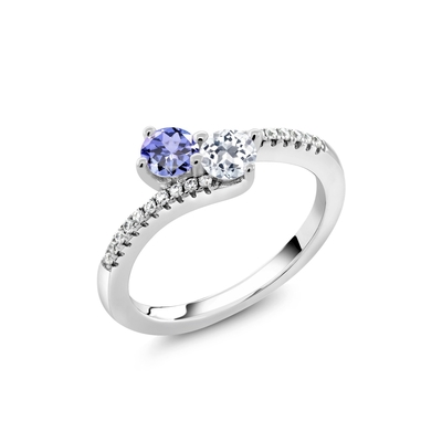 Gem Stone King 0,87 Ct om Blauwe Witte Topaas 925 van Tanzanite Sterling Silver Bypass Ring