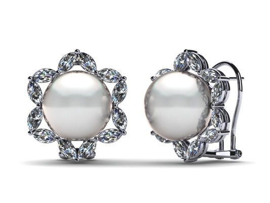 14K witgouddiamant &amp; Witte Zoetwatergekweekte parel Marquise Earring