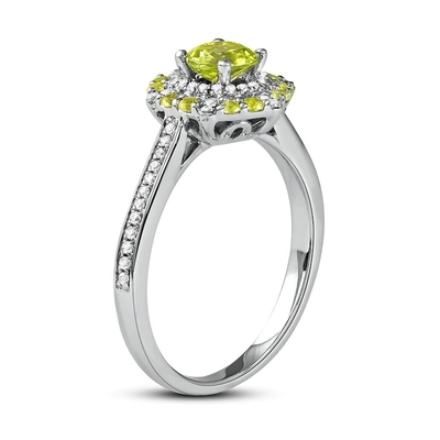 Groen Peridot &amp; Diamond Ring 1/6 ct tw 10K Witgoud in Zilver
