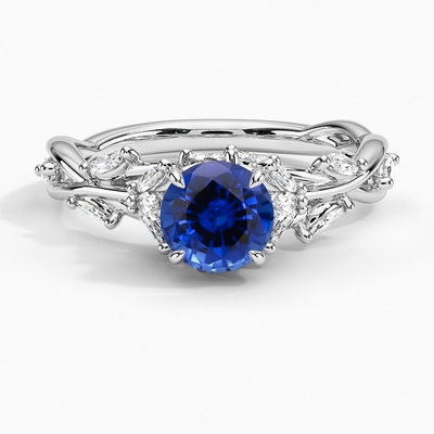 Sapphire Secret Garden Diamond RingSet met 6mm Premie Blauwe Ronde Saffier