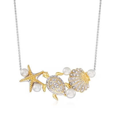 45.5mm Gekweekte parel en .14 ct. t.w. Diamond Sea Life Necklace in Sterling Silver en 18kt-Goud over Sterling Details