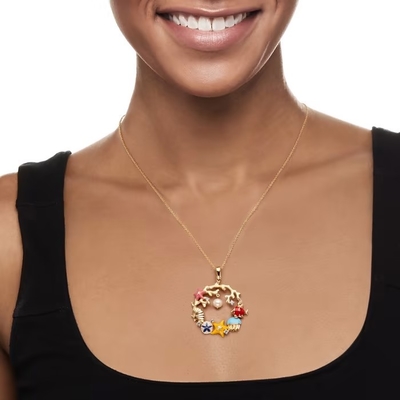 45.5mm Gekweekte parel en .14 ct. t.w. Diamond Sea Life Necklace in Sterling Silver en 18kt-Goud over Sterling Details