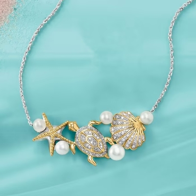 45.5mm Gekweekte parel en .14 ct. t.w. Diamond Sea Life Necklace in Sterling Silver en 18kt-Goud over Sterling Details
