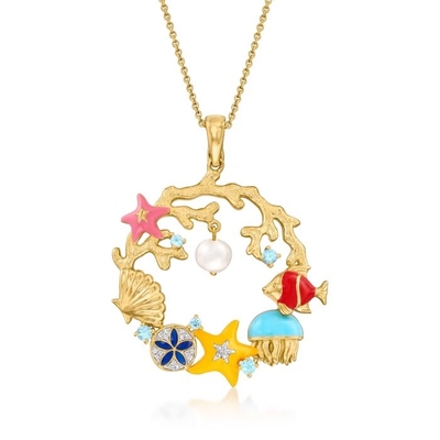45.5mm Gekweekte parel en .14 ct. t.w. Diamond Sea Life Necklace in Sterling Silver en 18kt-Goud over Sterling Details
