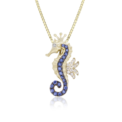 Gele Gouden Blauwe Sapphire Seahorse Pendant Necklace, Oceaanstijl Overzeese het Levensjuwelen