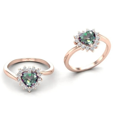 14K Rose Gold Plated Heart Cut-de Verlovingsringen van de de Halohalfedelsteen van Mysticustopaz white CZ