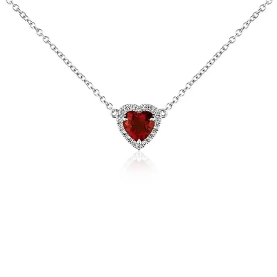 14K witgoud Hart Gevormd Garnet Pendant Necklace, Tengere Sapphire Chain Necklace