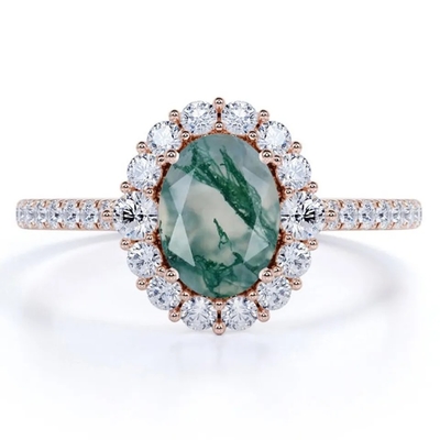 De unieke van de Juwelen Natuurlijke Moss Agate Rings Top Quality van S925 Rose Gold Plated Round Cut Witte CZ Ring van de het Ontwerpfabriek