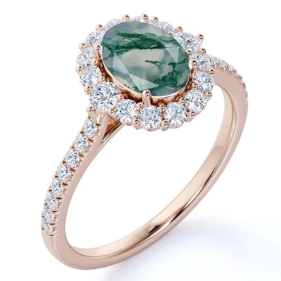 De unieke van de Juwelen Natuurlijke Moss Agate Rings Top Quality van S925 Rose Gold Plated Round Cut Witte CZ Ring van de het Ontwerpfabriek
