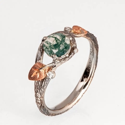 925 Zilveren Groene rond Gestalte gegeven Moss Crystal Meaning Agate Jewelry For Verkoop Unieke Trouwring