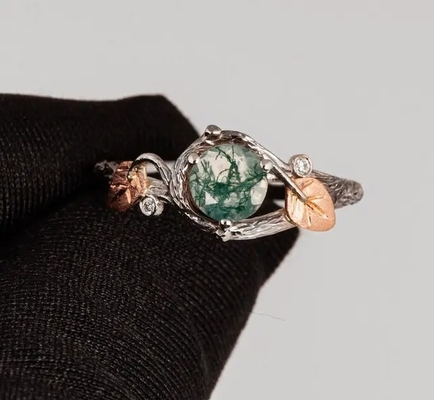 925 Zilveren Groene rond Gestalte gegeven Moss Crystal Meaning Agate Jewelry For Verkoop Unieke Trouwring