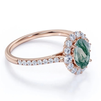 De unieke van de Juwelen Natuurlijke Moss Agate Rings Top Quality van S925 Rose Gold Plated Round Cut Witte CZ Ring van de het Ontwerpfabriek