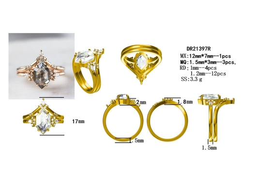Hexagon Besnoeiingszout en Peper CZ Moissanite 925 Zilveren Ring Curved Matching