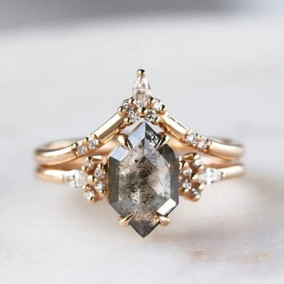 Hexagon Besnoeiingszout en Peper CZ Moissanite 925 Zilveren Ring Curved Matching
