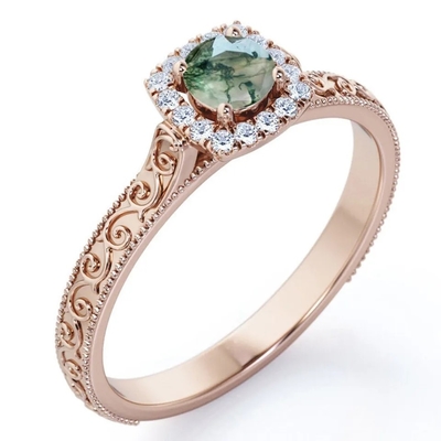 De uitstekende Blauwgroene Moss Agate Ring 14K Rose Gold Plated White CZ Juwelen van S925