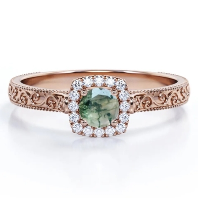 De uitstekende Blauwgroene Moss Agate Ring 14K Rose Gold Plated White CZ Juwelen van S925