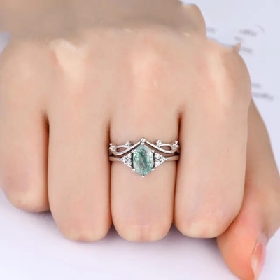 Overeenkomst 925 Sterling Silver Hexagon Cut Natural-Kwarts Ring Real Green Moss Agate
