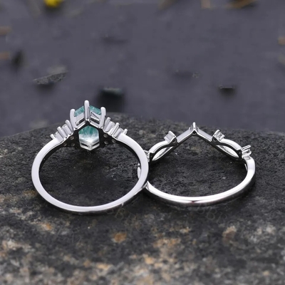 Overeenkomst 925 Sterling Silver Hexagon Cut Natural-Kwarts Ring Real Green Moss Agate