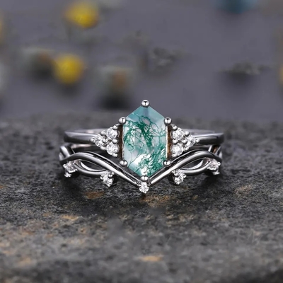 Overeenkomst 925 Sterling Silver Hexagon Cut Natural-Kwarts Ring Real Green Moss Agate