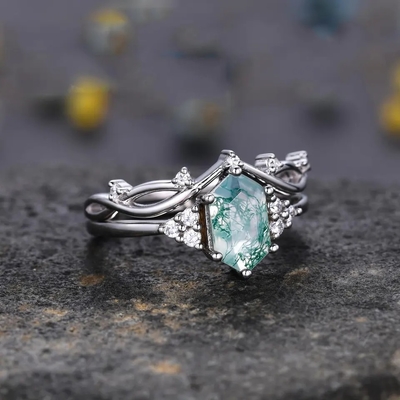 Overeenkomst 925 Sterling Silver Hexagon Cut Natural-Kwarts Ring Real Green Moss Agate