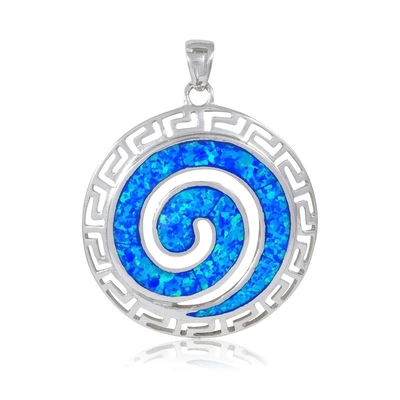 925 Sterling Silver Hawaiian Blue Fire Opal Greek Key Meander Meandros Spiraalvormig Crystal Pendant