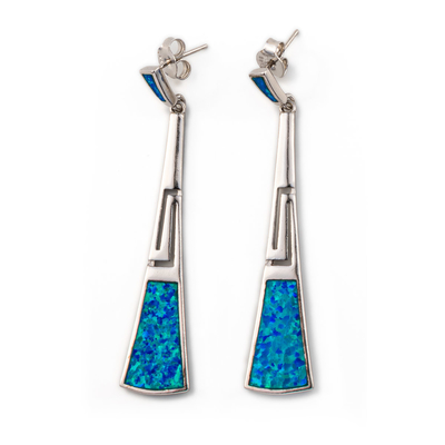 925 met Griekse de Meander Zeer belangrijke Oorringen 925 van Sterling Silver Blue Retro Opal met Sterling Silver