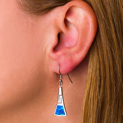 925 met Griekse de Meander Zeer belangrijke Oorringen 925 van Sterling Silver Blue Retro Opal met Sterling Silver