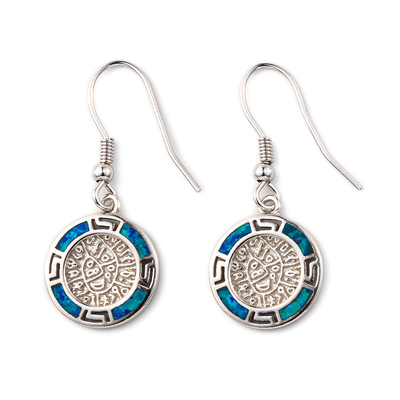 925 met het Zeer belangrijke Blauw van Sterling Silver Greek   Schijf van meander bengelt de Opalen Phaistos Vrouwenoorringen