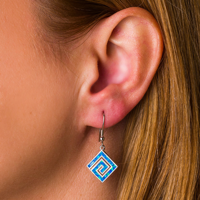 925 met het Zeer belangrijke Blauw van Sterling Silver Greek   Schijf van meander bengelt de Opalen Phaistos Vrouwenoorringen