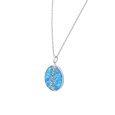 925 Sterling Silver Blauwe Gesimuleerde Opal Greek Key Meander Meandros Spiraalvormige Ronde Tegenhangerhalsband
