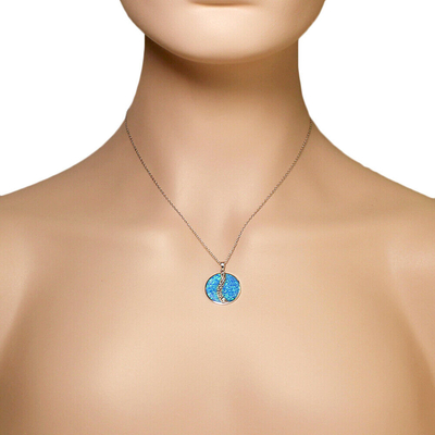925 Sterling Silver Blauwe Gesimuleerde Opal Greek Key Meander Meandros Spiraalvormige Ronde Tegenhangerhalsband
