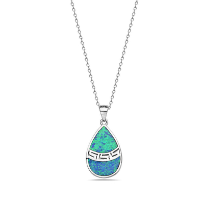25 Sterling Silver Blauwe Gesimuleerde Opal Greek Key Meander Meandros Spiraalvormige Tegenhangerhalsband