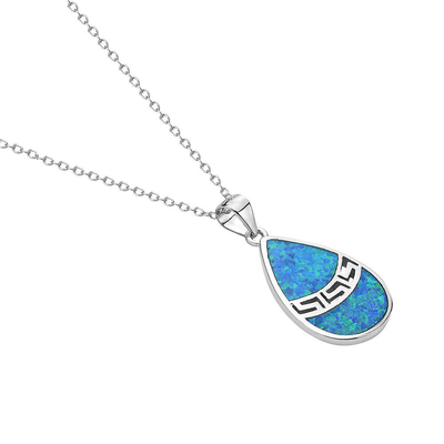 25 Sterling Silver Blauwe Gesimuleerde Opal Greek Key Meander Meandros Spiraalvormige Tegenhangerhalsband