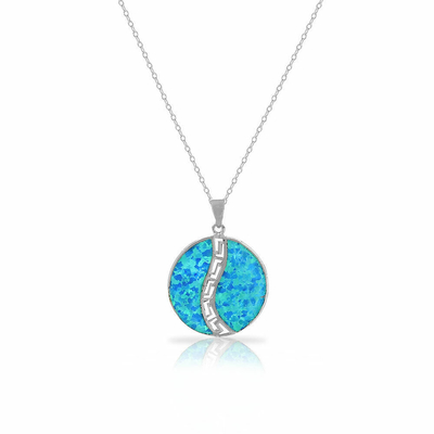 25 Sterling Silver Blauwe Gesimuleerde Opal Greek Key Meander Meandros Spiraalvormige Tegenhangerhalsband