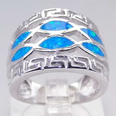 De blauwe Stevige 925 Sterling Silver Ring Blue Opal Juwelen van Opal Greek Key Design Wraparound voor Mensen