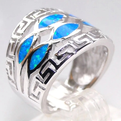 Blauw Opal Greek Key Design Wraparound 925 Sterling Silver Ring Handmade Opal-Juwelen voor Vrouwen