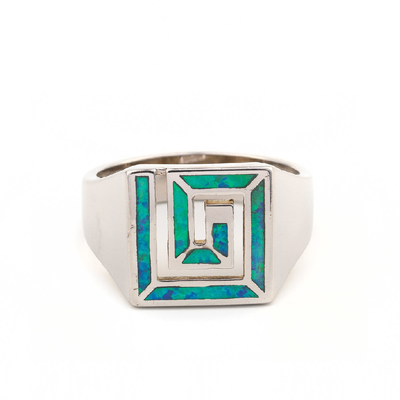 Blauw Opal Greek Key Design Wraparound 925 Sterling Silver Ring Handmade Opal-Juwelen voor Vrouwen