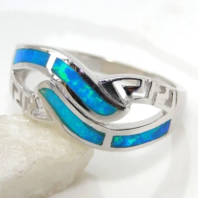 925 Sterling Silver Greek Design Jewelry, Blauw Opal Meandros Engagement Wedding Ring