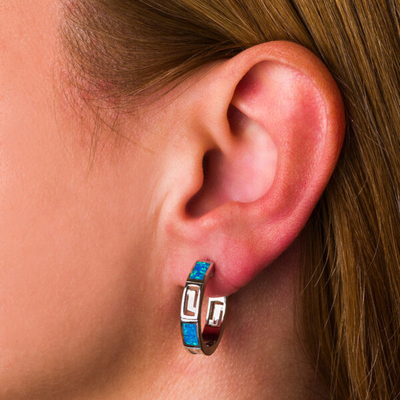 In het groot Aanpassing 925 Zeer belangrijke Halve de Hoepeloorringen van Sterling Silver Blue Opal Greek voor Vrouwen